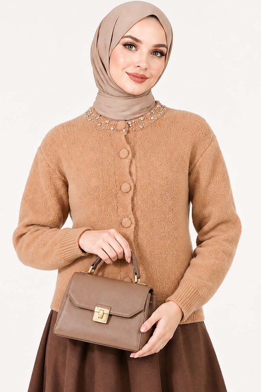 Cardigan Beige Con Colletto Decorato E Dettaglio Barba