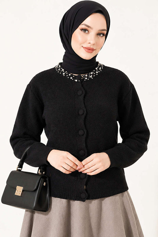 Schwarzer Strickjacke Mit Steinbesatz Und Bart