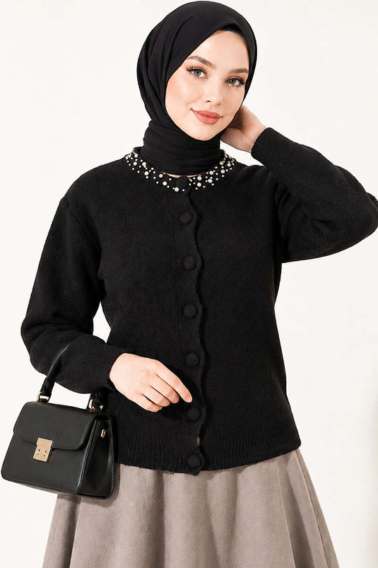 Schwarzer Strickjacke Mit Steinbesatz Und Bart