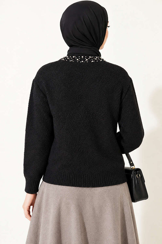 Schwarzer Strickjacke Mit Steinbesatz Und Bart