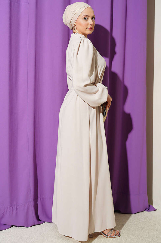 Stone-Embellished Collar Balloon Sleeve Evening Dress Stone