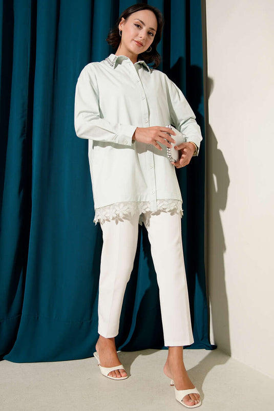 Mint Shirt with Laced Collar and Stones