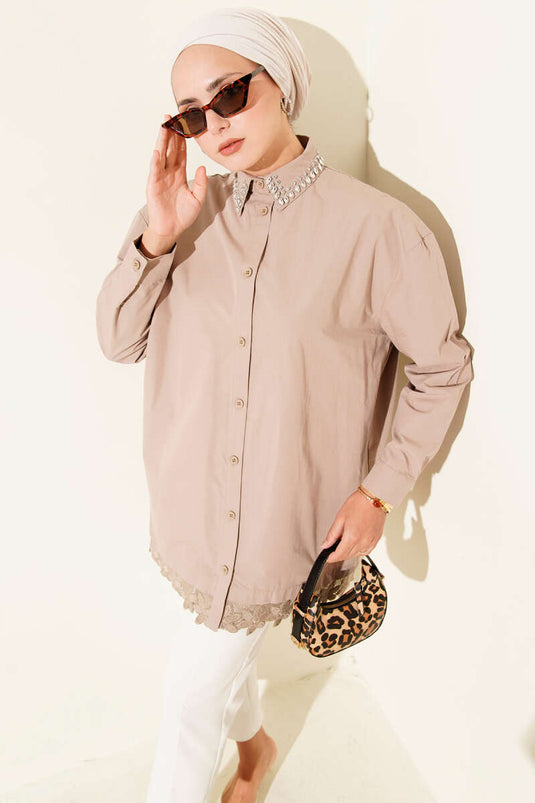 Yakası Taşlı Dantelli Gömlek Vizon