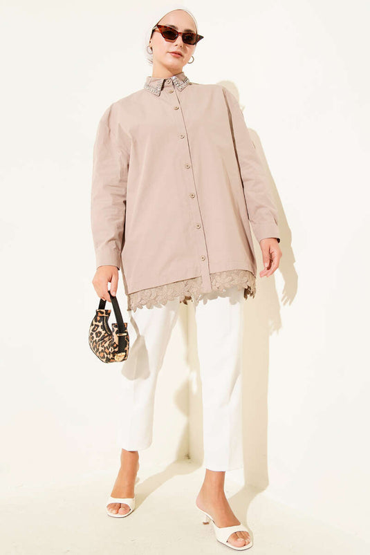 Yakası Taşlı Dantelli Gömlek Vizon