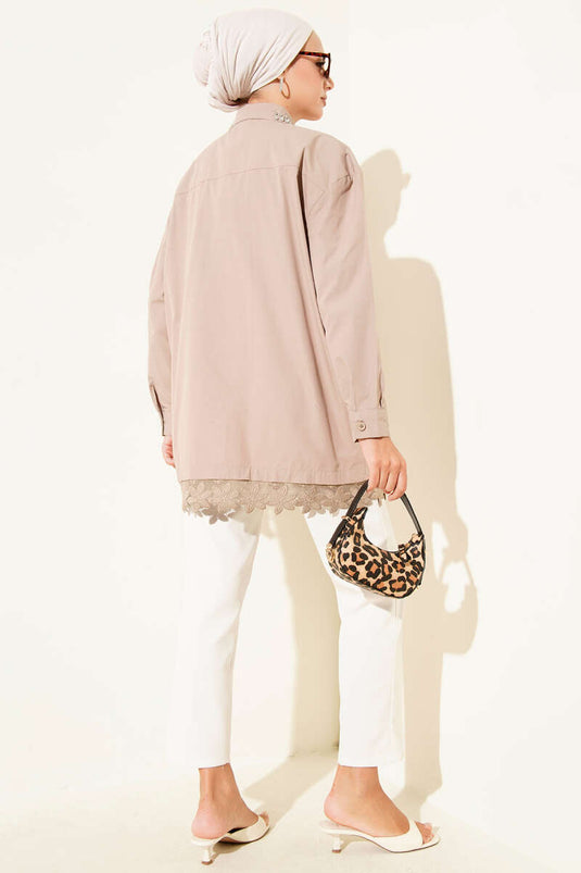 Yakası Taşlı Dantelli Gömlek Vizon