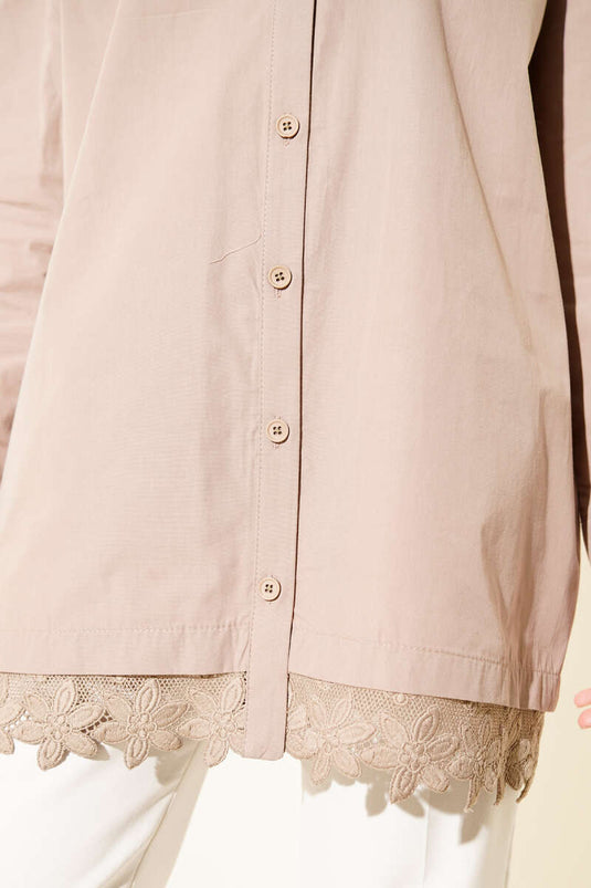 Yakası Taşlı Dantelli Gömlek Vizon