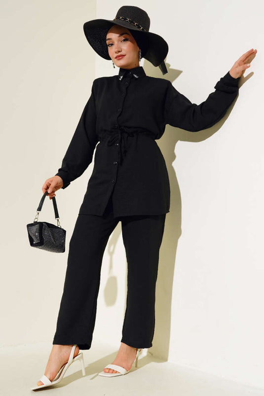 Stoned Collar Rope Laced Two Piece Suit Black