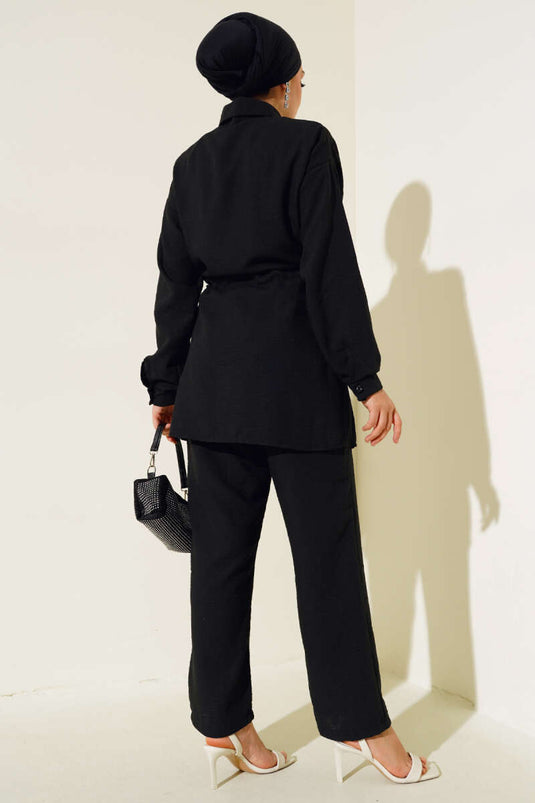 Stoned Collar Rope Laced Two Piece Suit Black