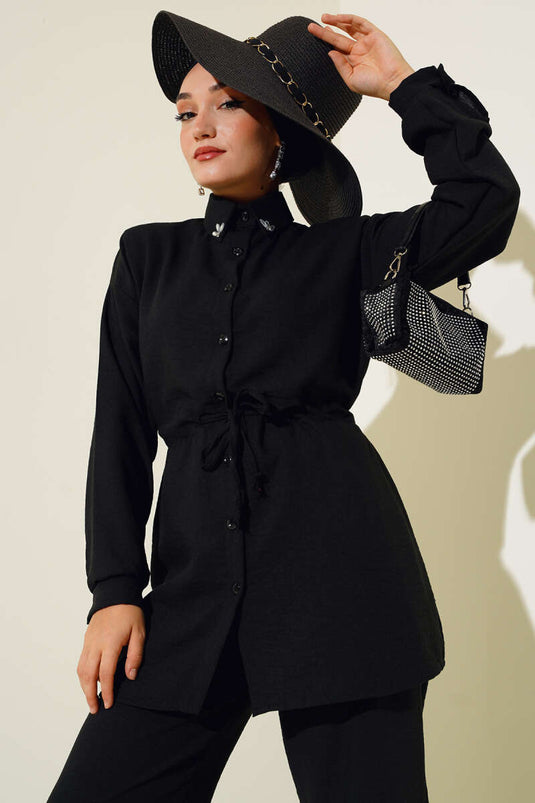 Stoned Collar Rope Laced Two Piece Suit Black