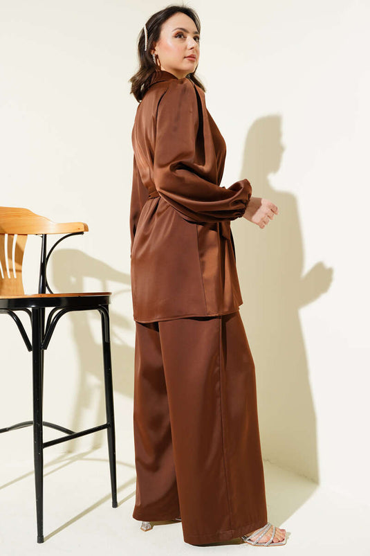 Stone Collar Belted Satin Two Piece Suit Brown