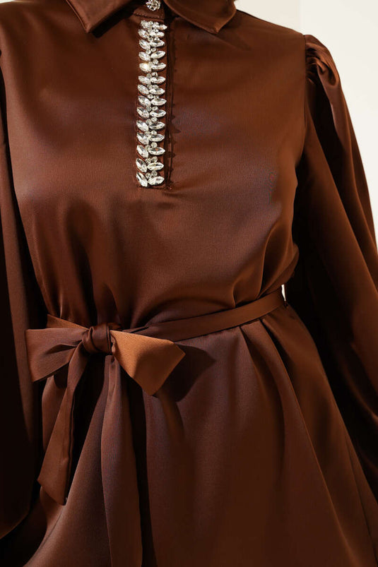 Stone Collar Belted Satin Two Piece Suit Brown