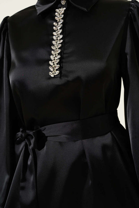 Stone Collar Belted Satin Two Piece Suit Black