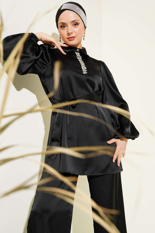 Stone Collar Belted Satin Two Piece Suit Black