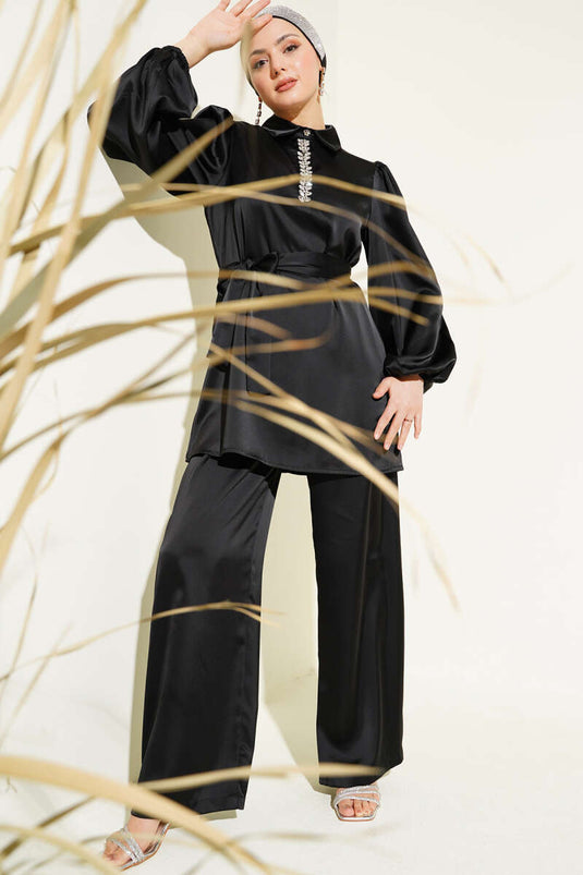 Stone Collar Belted Satin Two Piece Suit Black