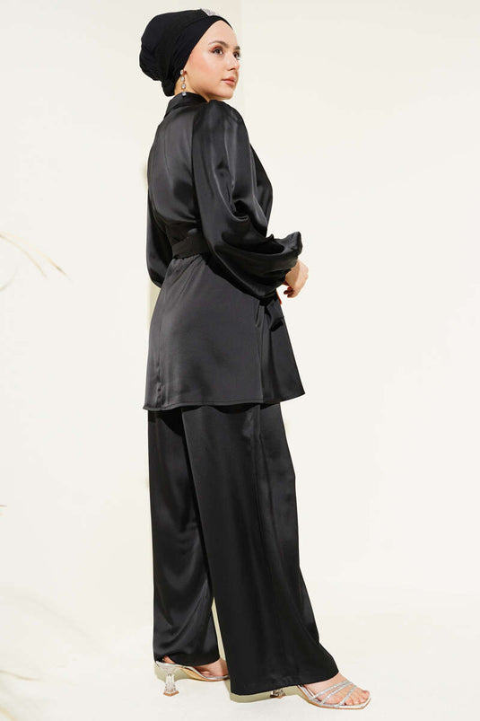 Stone Collar Belted Satin Two Piece Suit Black