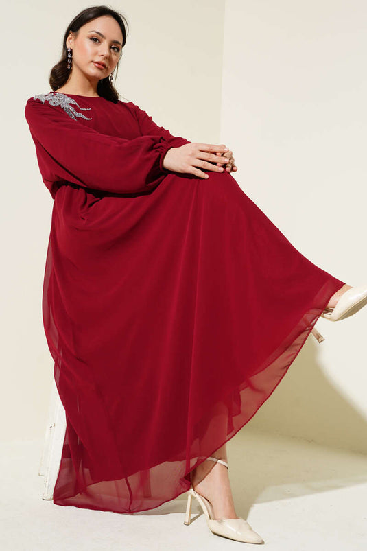Stone Collar Belted Chiffon Dress Burgundy
