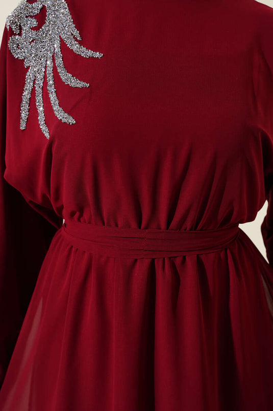 Stone Collar Belted Chiffon Dress Burgundy