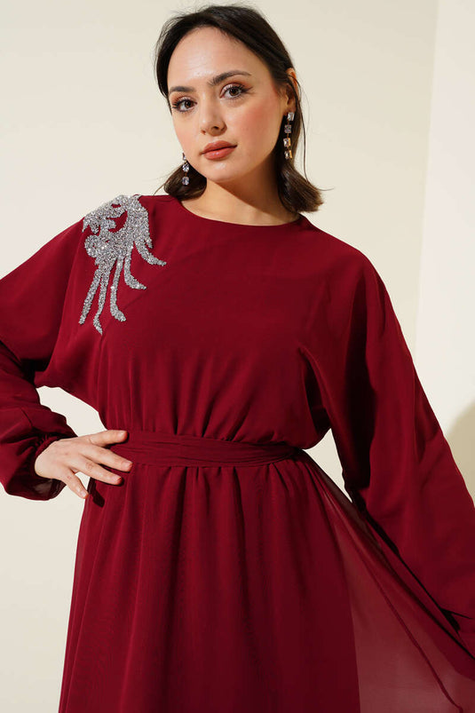 Stone Collar Belted Chiffon Dress Burgundy
