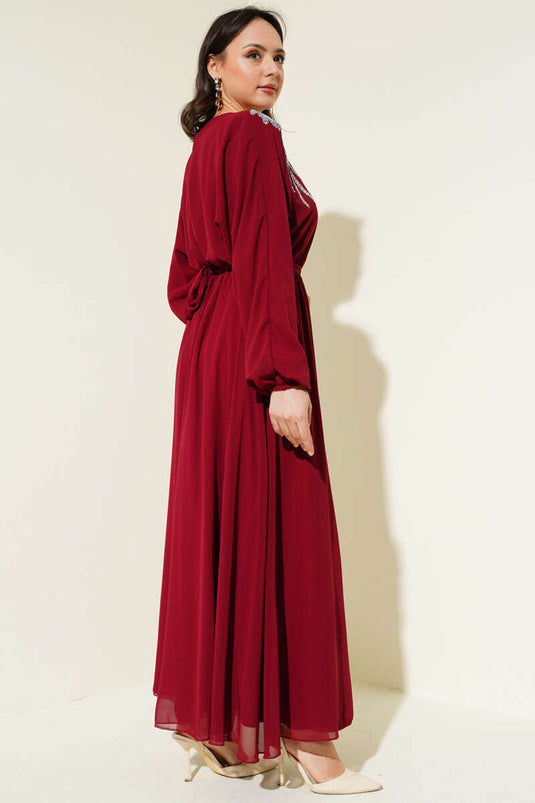Stone Collar Belted Chiffon Dress Burgundy