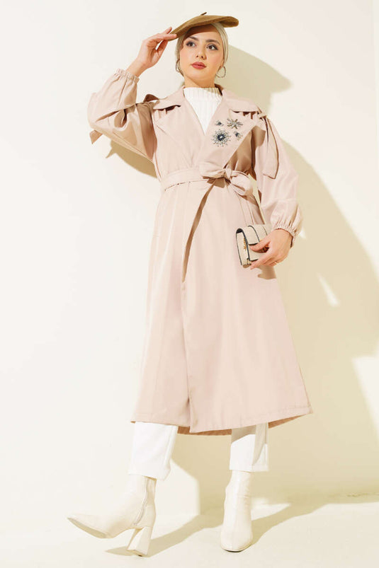 Stone Collar Belted Trench Coat Beige
