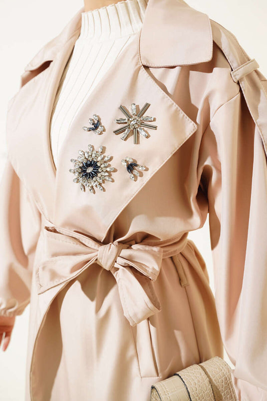 Stone Collar Belted Trench Coat Beige