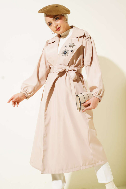 Stone Collar Belted Trench Coat Beige