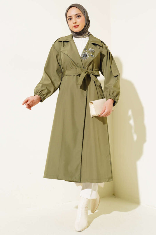 Stone Collar Belted Trench Coat Khaki