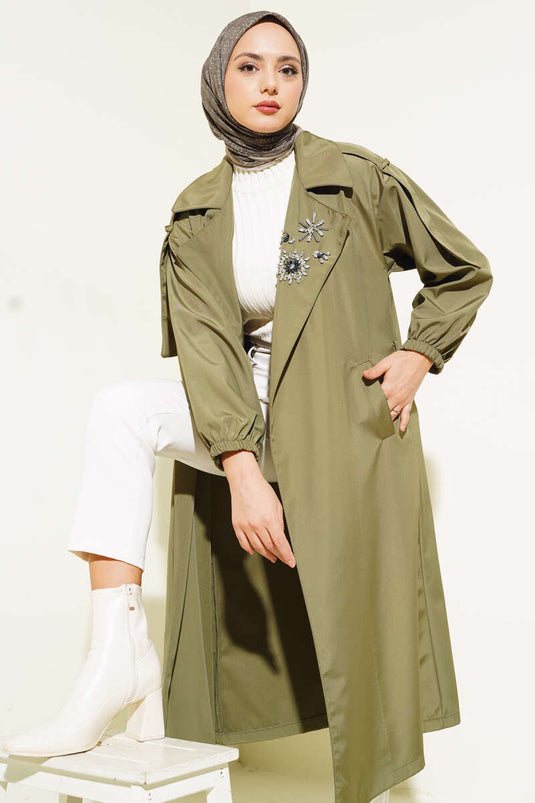 Stone Collar Belted Trench Coat Khaki