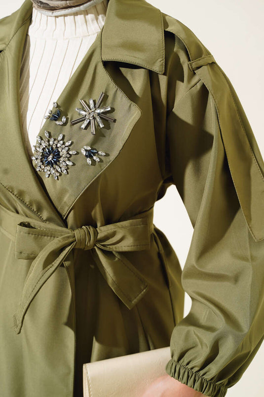 Stone Collar Belted Trench Coat Khaki