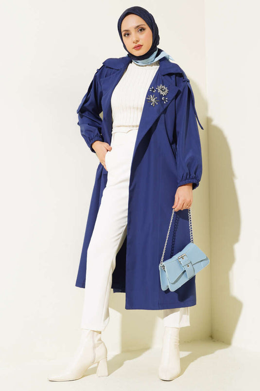 Stone Collar Belted Trench Coat Navy Blue