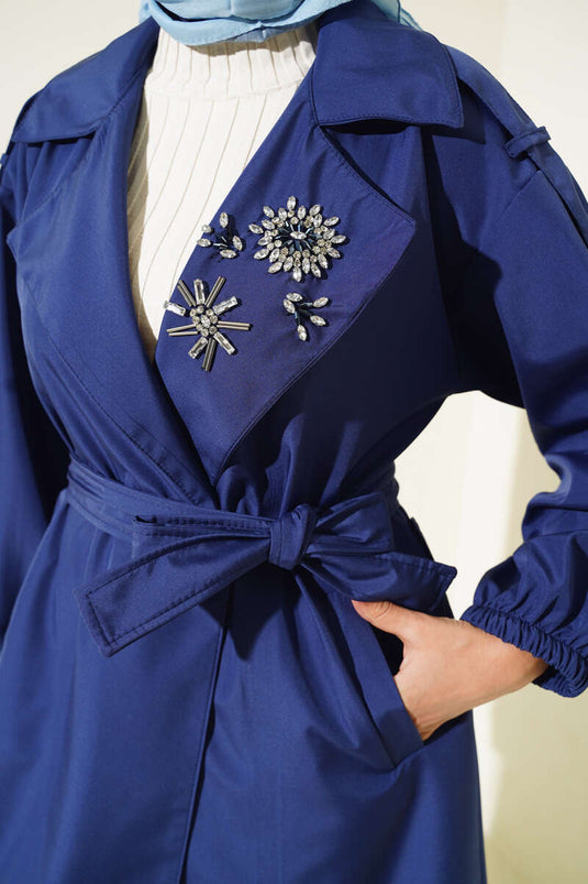 Stone Collar Belted Trench Coat Navy Blue