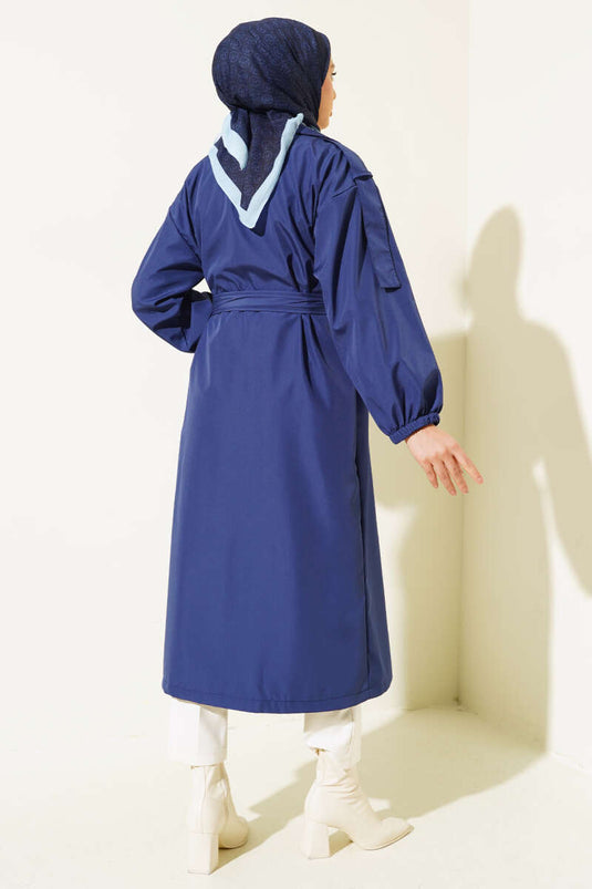 Stone Collar Belted Trench Coat Navy Blue