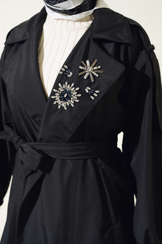Stone Collar Belted Trench Coat Black