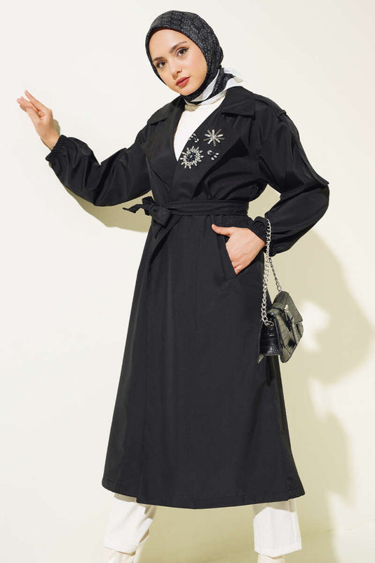 Stone Collar Belted Trench Coat Black