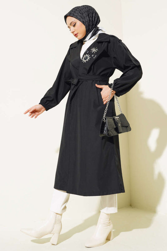 Stone Collar Belted Trench Coat Black