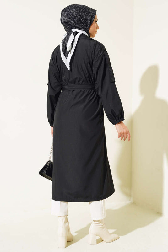 Stone Collar Belted Trench Coat Black