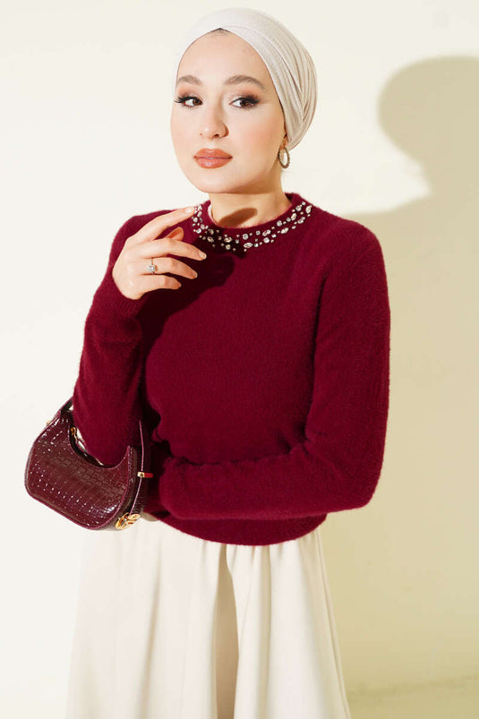 Burgundy Embellished Collar Sweater