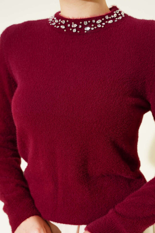 Burgundy Embellished Collar Sweater