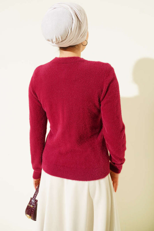 Pull bordeaux avec col et barbe ornés de pierres