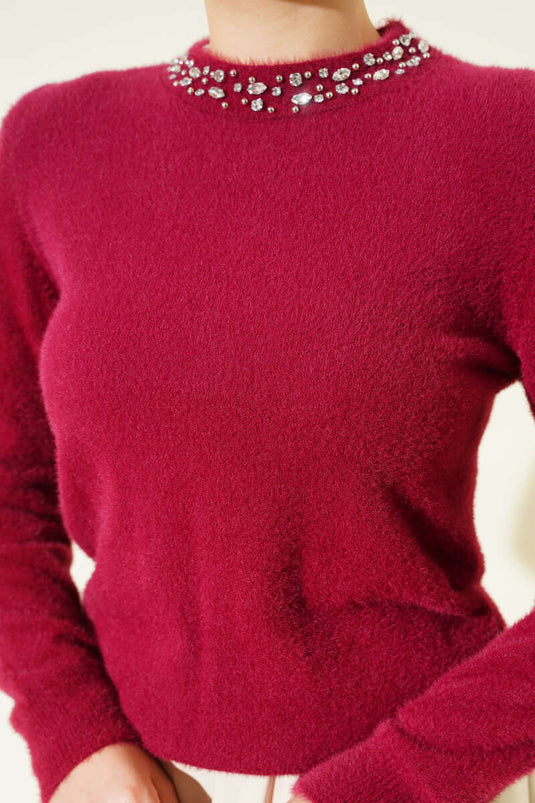 Burgundy Sweater with Stone Embellished Collar and Beard