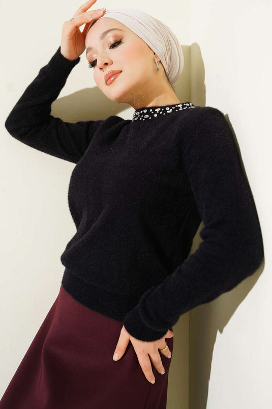 Black Sweater With Stone Embellished Collar And Beard