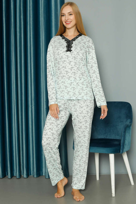 طقم بيجامة من الفيسكوز المنقوش بفتحة رقبة على شكل حرف V، أزرق ثلجي