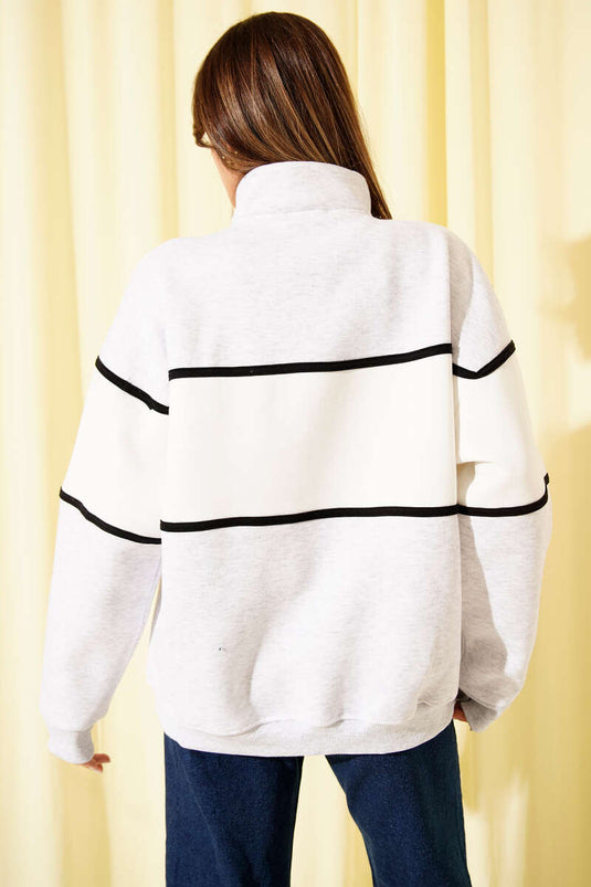 Printed, Brushed Fleece Sweatshirt with Half-Zip Collar, Melange Grey