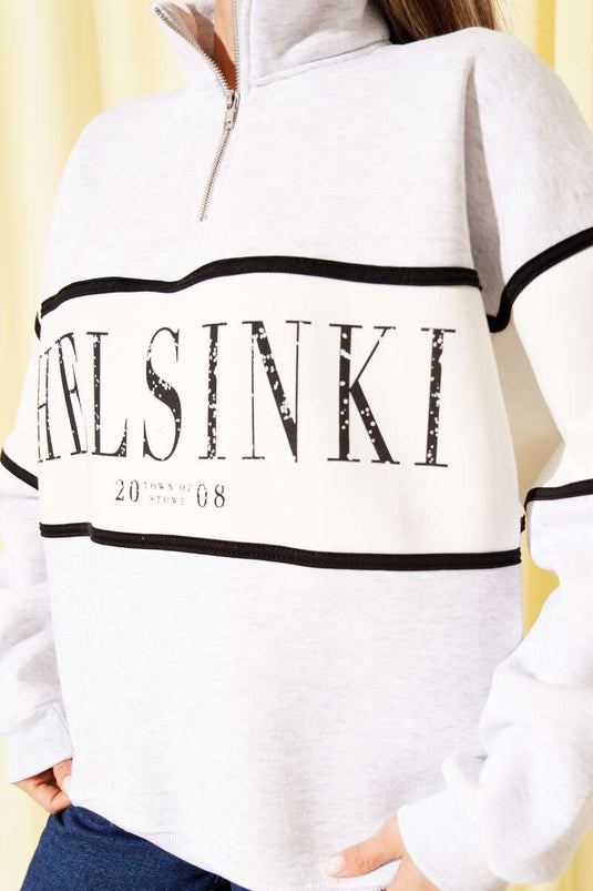 سويت شيرت مطبوع من الصوف الناعم بياقة نصف سحاب، رمادي فاتح