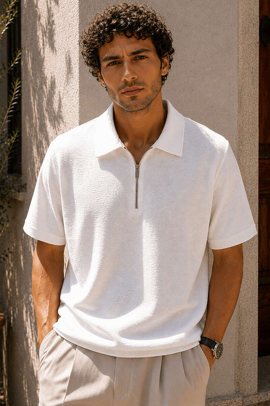Yakası Yarım Fermuarlı Erkek T-shirt Beyaz