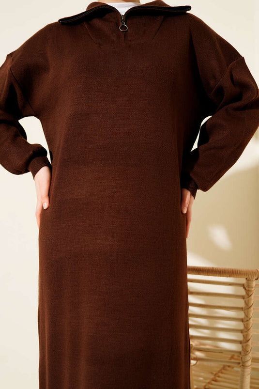 Brown Knitted Dress with Half-Zip Neckline