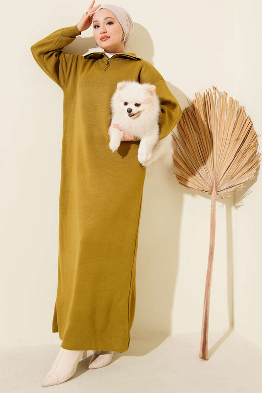 Robe en maille à demi-zip vert olive