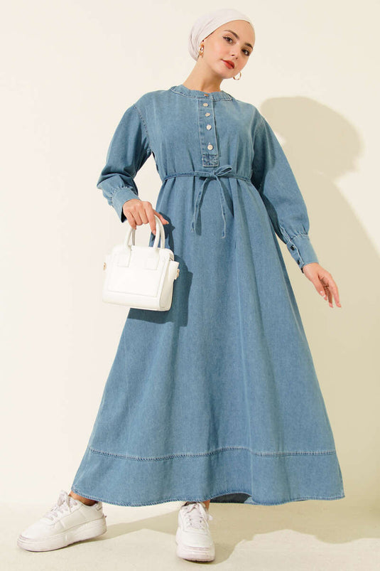 Denim Dress with Half Metal Button Collar Denim Blue
