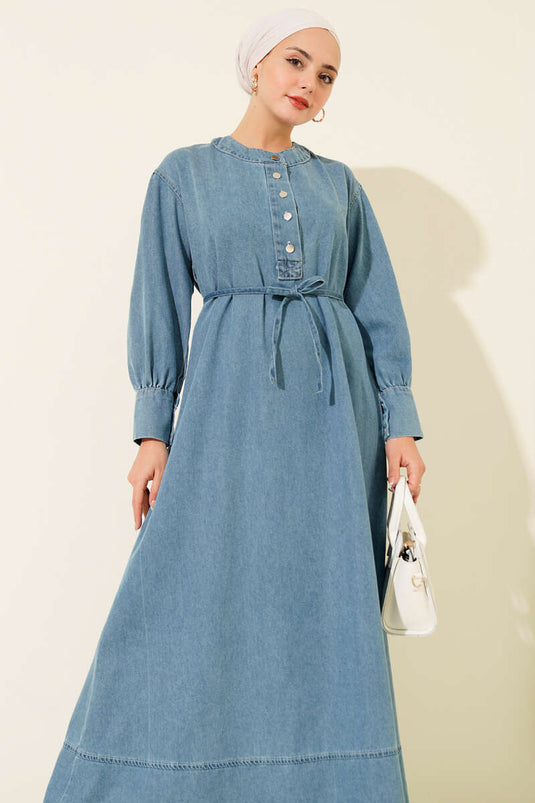 Denim Dress with Half Metal Button Collar Denim Blue