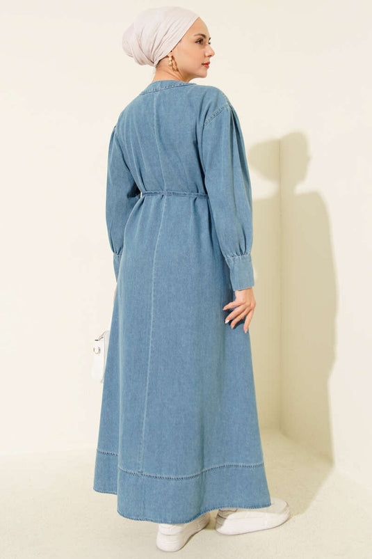 Denim Dress with Half Metal Button Collar Denim Blue